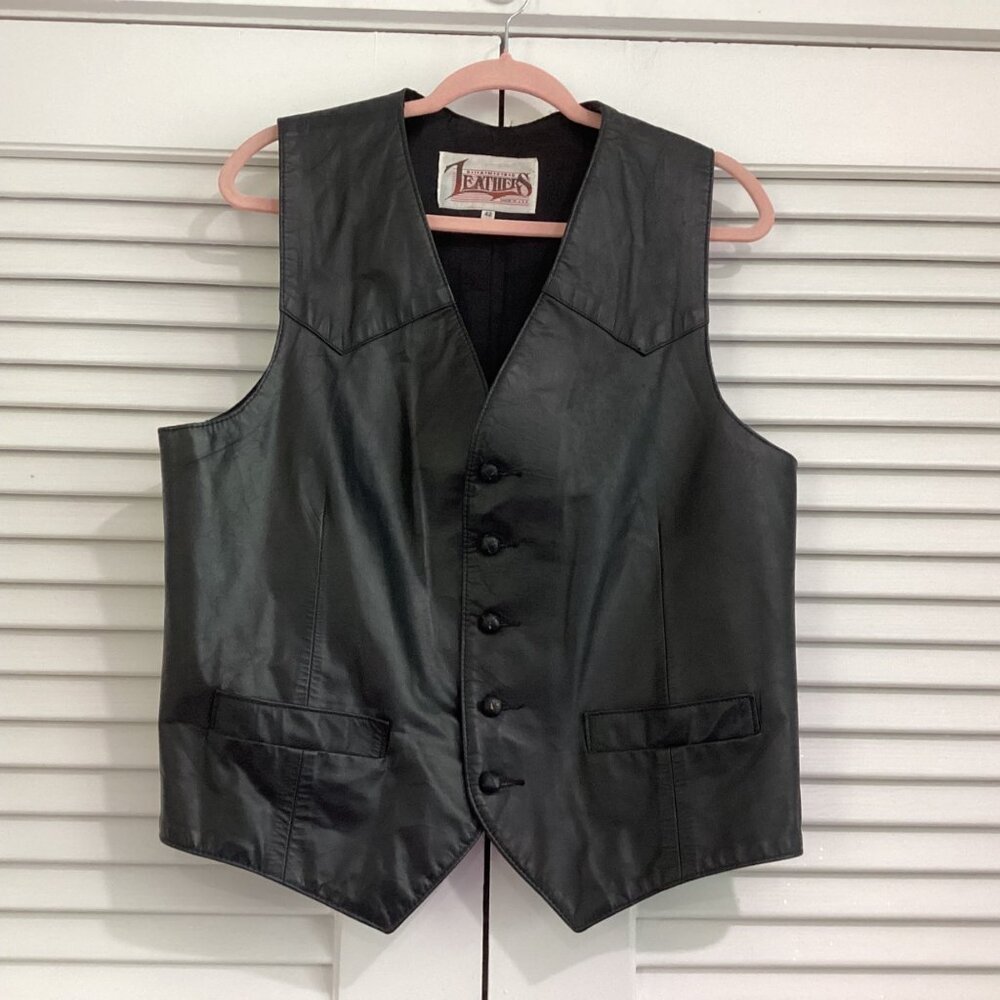Vintage Diamond Leathers  Black Leather Mens Western Vest Size 42 Biker Jacket - Picture 9 of 13